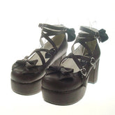 Brown Round Toe Cross Straps Platform Heel High Lolita Shoes